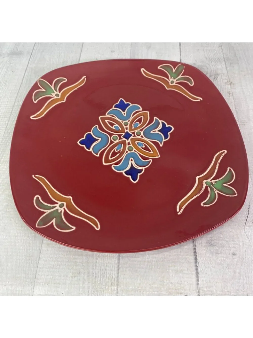 Better Homes & Gardens MEDALLION Floral Red Square Stoneware Dinner Plate Set 3